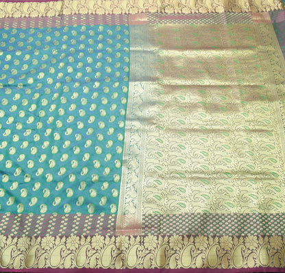 Indian Green Blue Dual Tone Sari Art Silk Banarasi Saree Blouse Gold Zari Woven