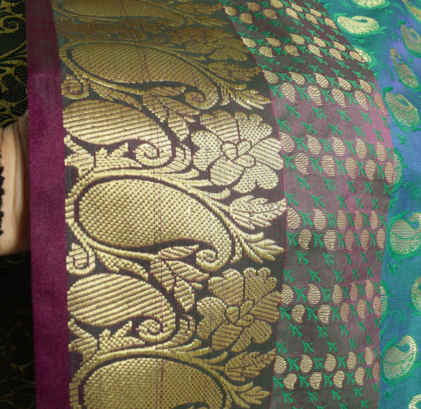 Indian Green Blue Dual Tone Sari Art Silk Banarasi Saree Blouse Gold Zari Woven