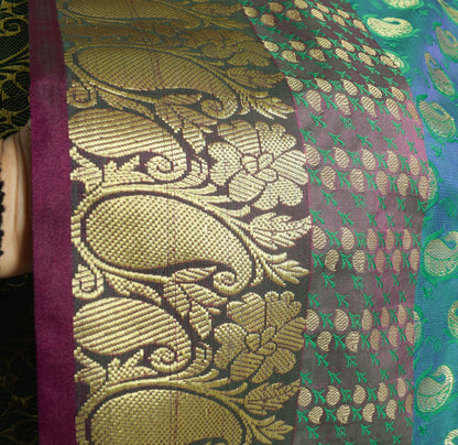 Indian Green Blue Dual Tone Sari Art Silk Banarasi Saree Blouse Gold Zari Woven