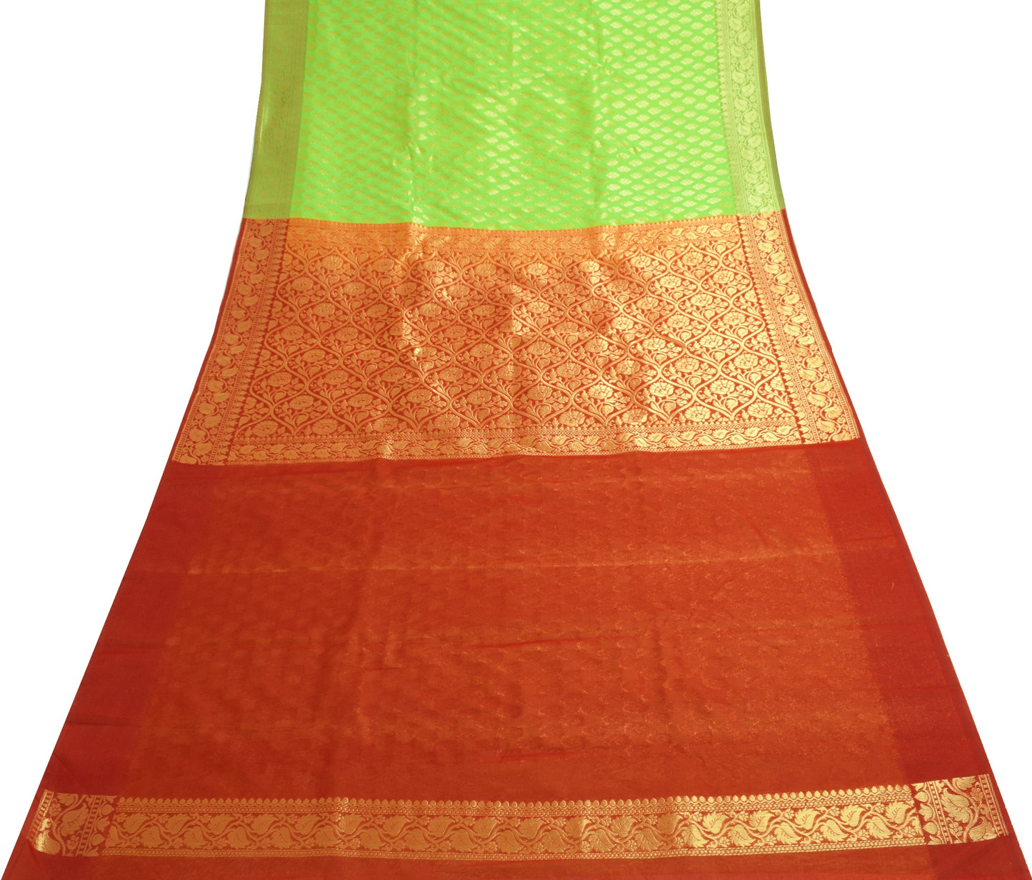 Indian Parrot Green Banarasi Sari Art Cotton Saree Blouse Fabric Gold Zari Woven