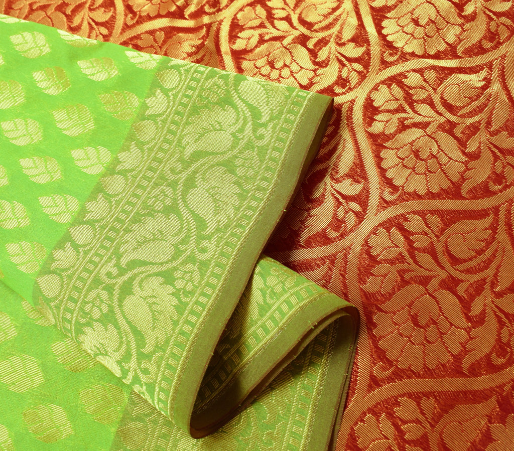 Indian Parrot Green Banarasi Sari Art Cotton Saree Blouse Fabric Gold Zari Woven