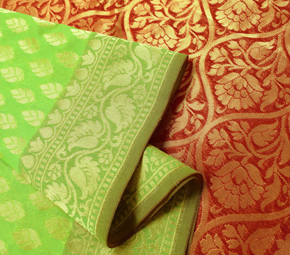 Indian Parrot Green Banarasi Sari Art Cotton Saree Blouse Fabric Gold Zari Woven