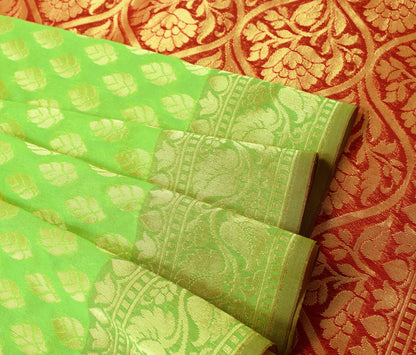 Indian Parrot Green Banarasi Sari Art Cotton Saree Blouse Fabric Gold Zari Woven