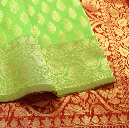 Indian Parrot Green Banarasi Sari Art Cotton Saree Blouse Fabric Gold Zari Woven