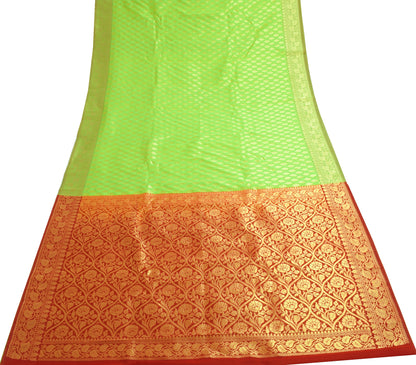 Indian Parrot Green Banarasi Sari Art Cotton Saree Blouse Fabric Gold Zari Woven