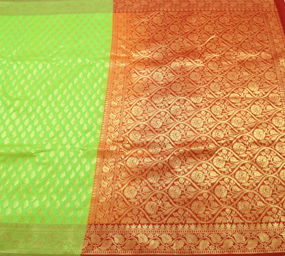 Indian Parrot Green Banarasi Sari Art Cotton Saree Blouse Fabric Gold Zari Woven
