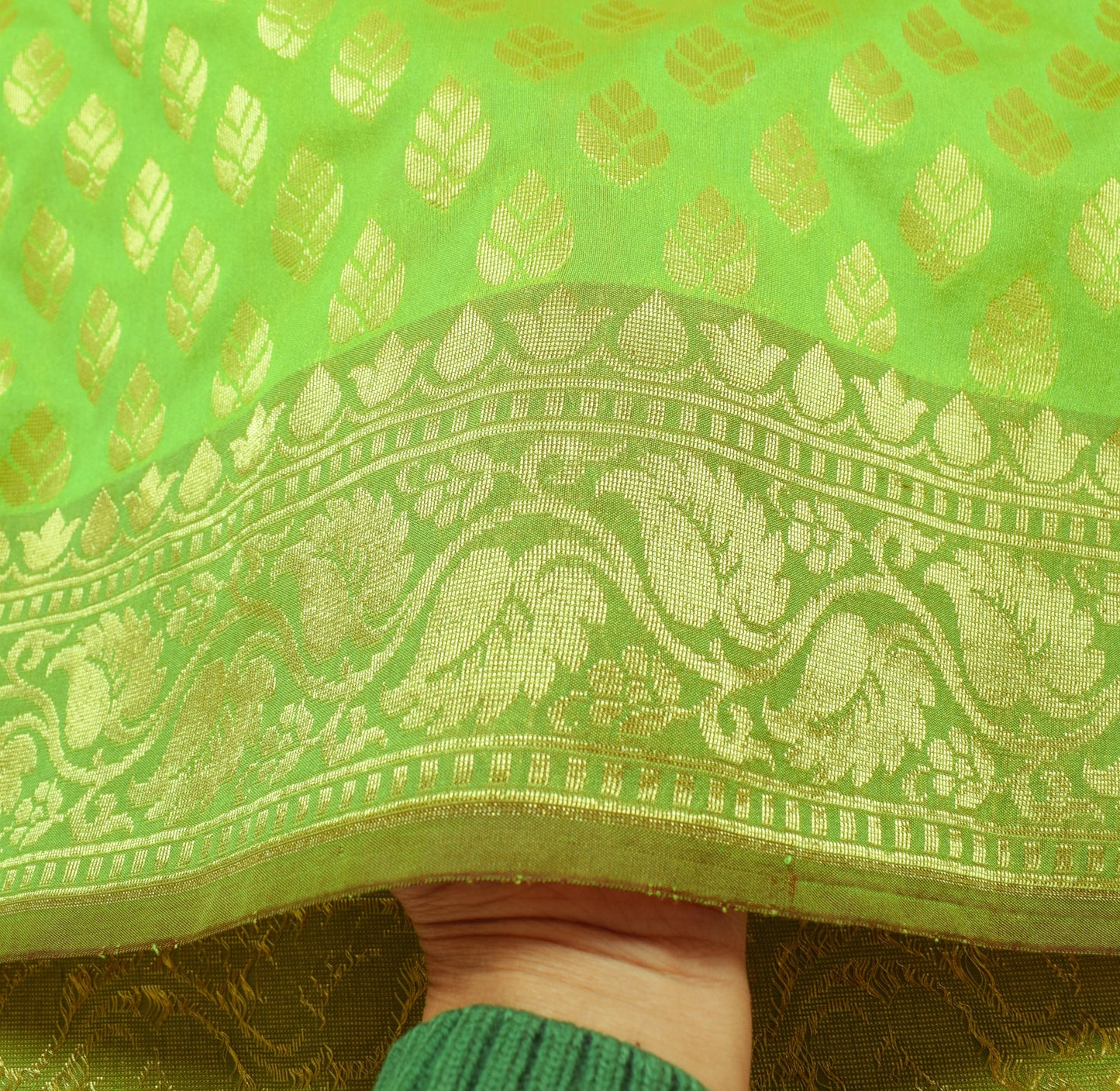 Indian Parrot Green Banarasi Sari Art Cotton Saree Blouse Fabric Gold Zari Woven