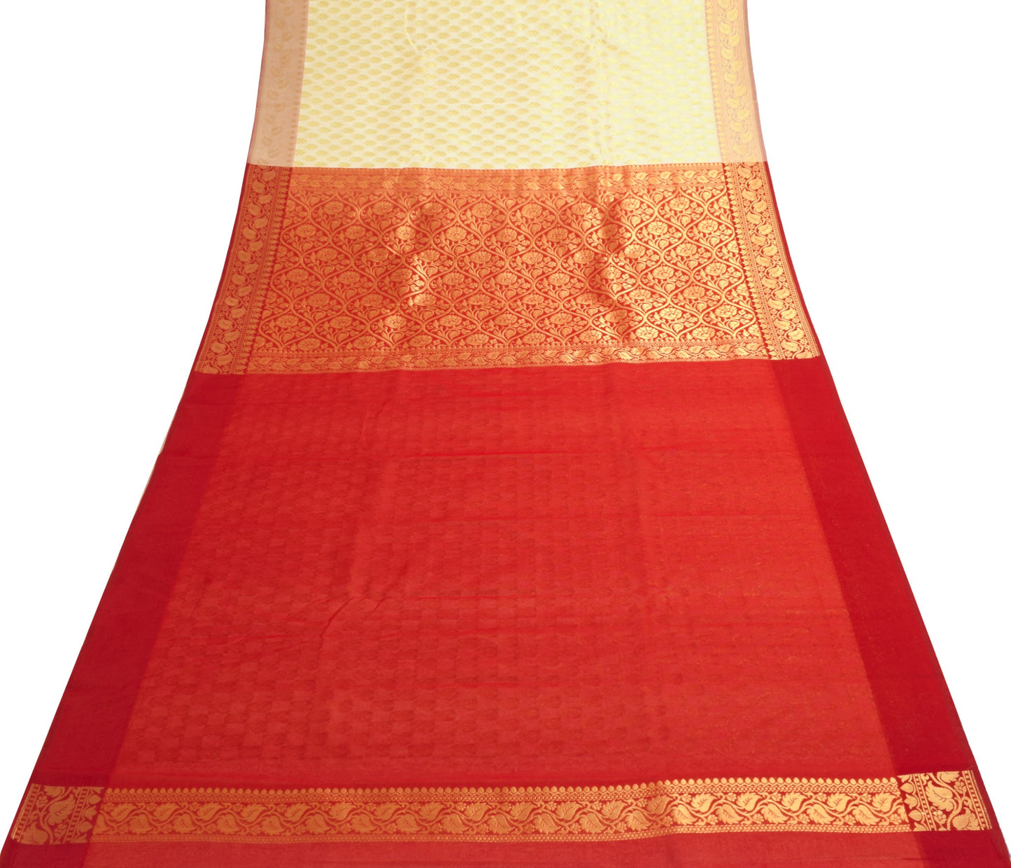 Indian Cream Red Banarasi Sari Art Cotton Saree Blouse Fabric Gold Zari Woven