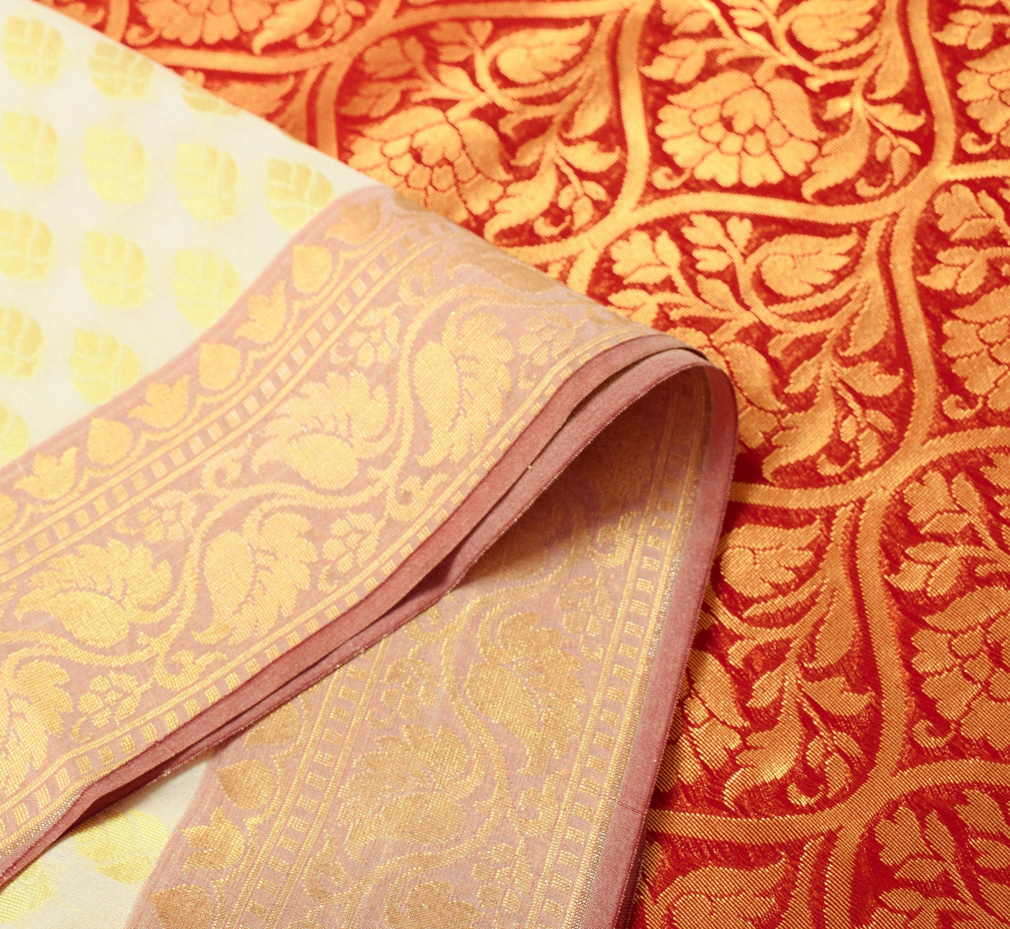 Indian Cream Red Banarasi Sari Art Cotton Saree Blouse Fabric Gold Zari Woven