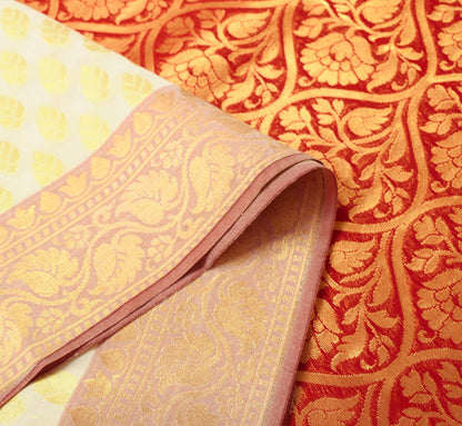 Indian Cream Red Banarasi Sari Art Cotton Saree Blouse Fabric Gold Zari Woven