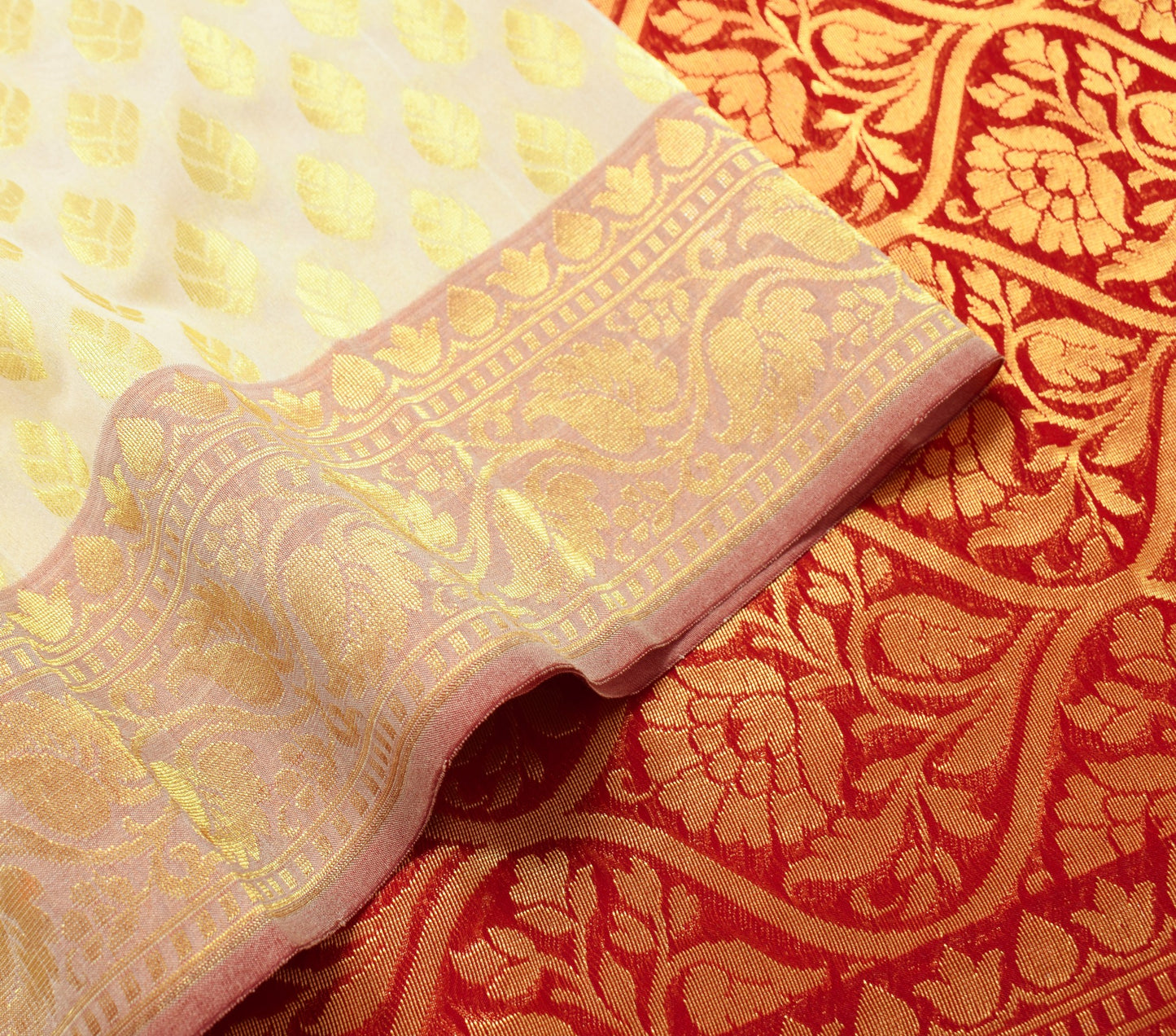 Indian Cream Red Banarasi Sari Art Cotton Saree Blouse Fabric Gold Zari Woven