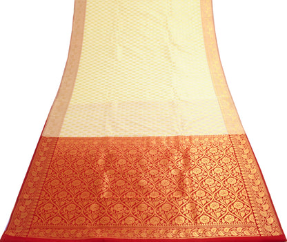 Indian Cream Red Banarasi Sari Art Cotton Saree Blouse Fabric Gold Zari Woven