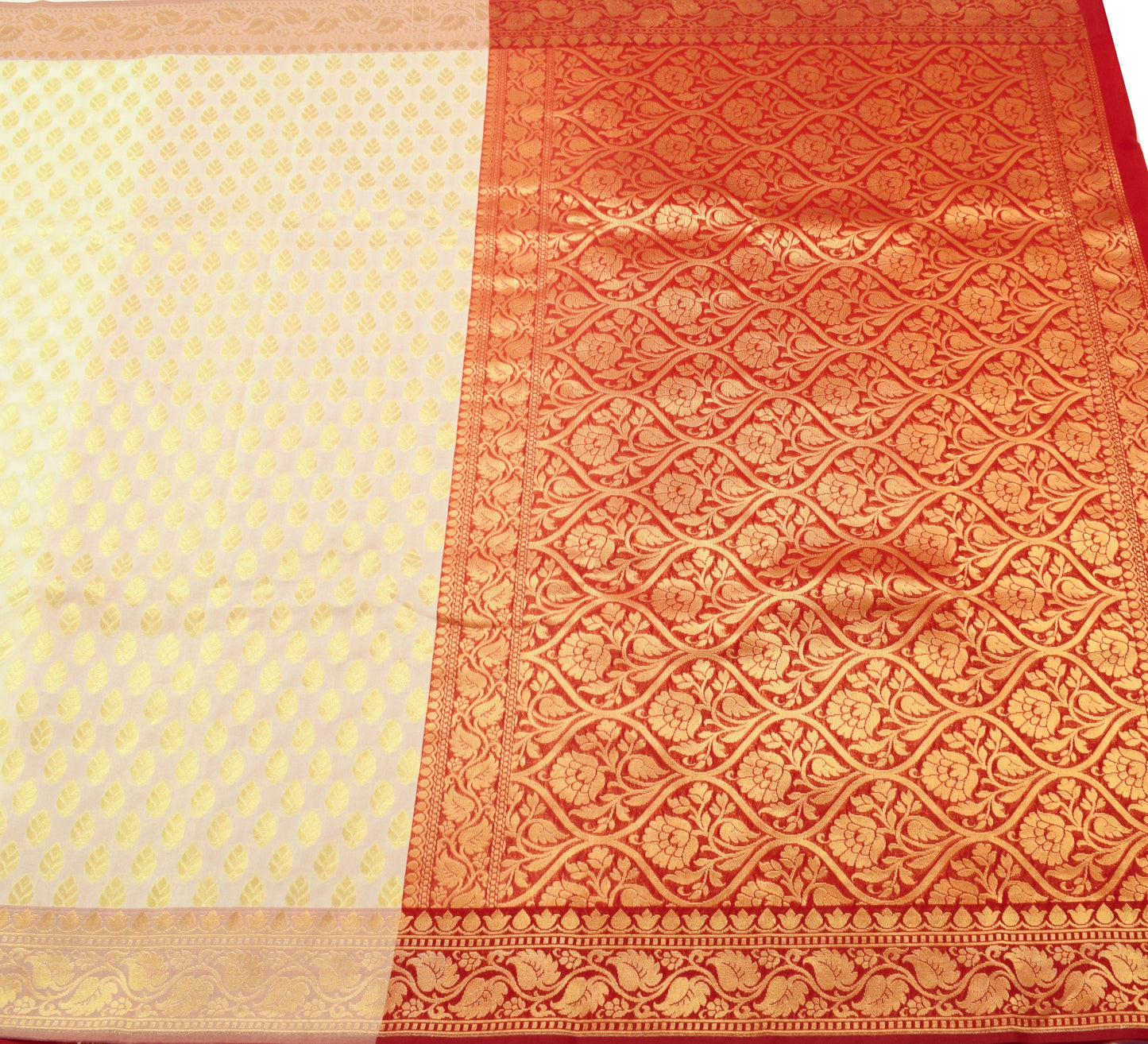 Indian Cream Red Banarasi Sari Art Cotton Saree Blouse Fabric Gold Zari Woven