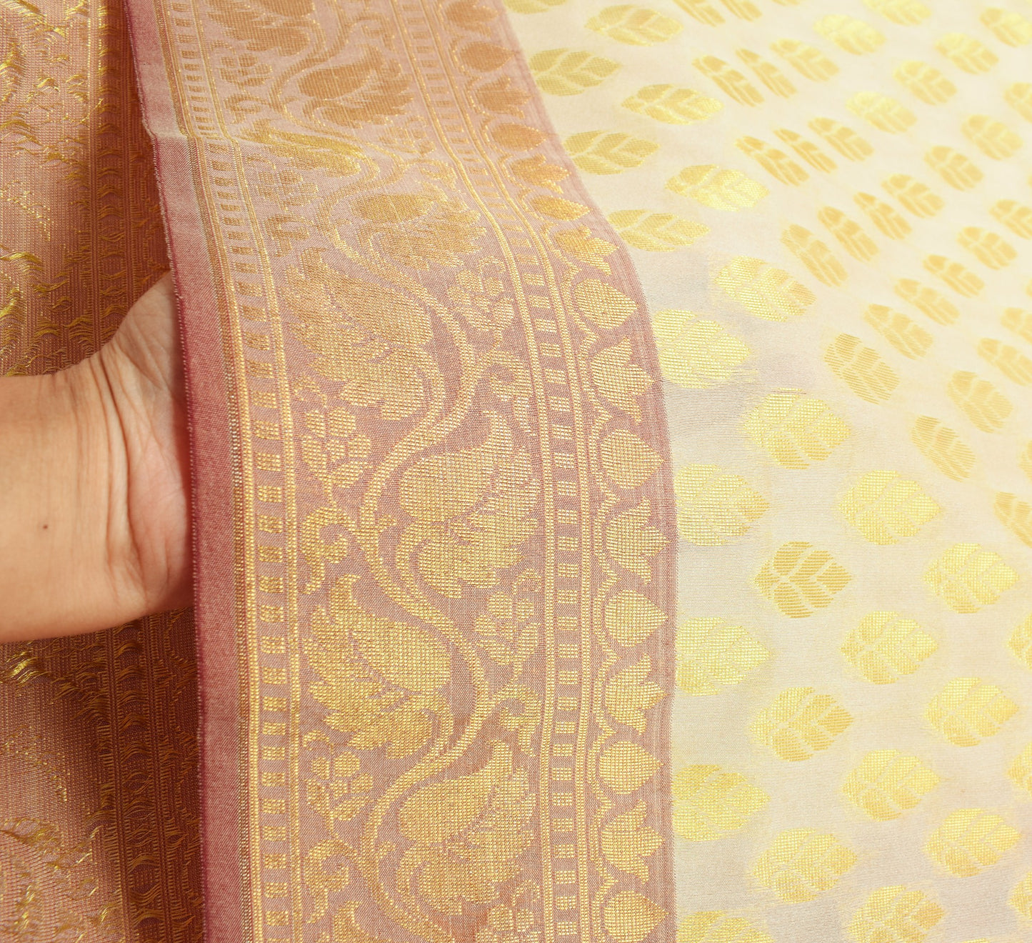 Indian Cream Red Banarasi Sari Art Cotton Saree Blouse Fabric Gold Zari Woven