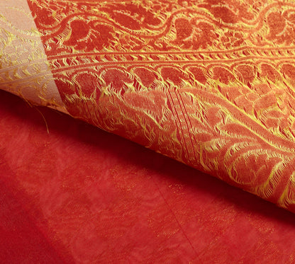 Indian Cream Red Banarasi Sari Art Cotton Saree Blouse Fabric Gold Zari Woven