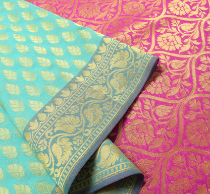 Indian Aqua Green Banarasi Sari Art Cotton Saree Blouse Fabric Gold Zari Woven