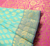 Indian Aqua Green Banarasi Sari Art Cotton Saree Blouse Fabric Gold Zari Woven