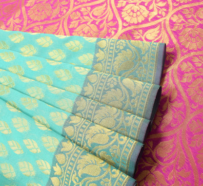 Indian Aqua Green Banarasi Sari Art Cotton Saree Blouse Fabric Gold Zari Woven