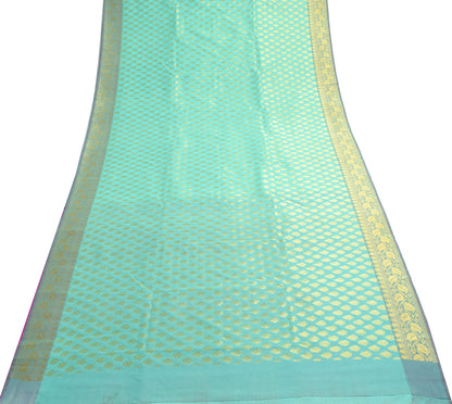 Indian Aqua Green Banarasi Sari Art Cotton Saree Blouse Fabric Gold Zari Woven