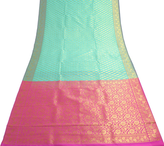 Indian Aqua Green Banarasi Sari Art Cotton Saree Blouse Fabric Gold Zari Woven