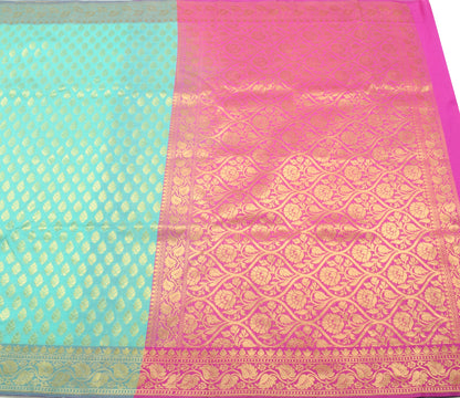 Indian Aqua Green Banarasi Sari Art Cotton Saree Blouse Fabric Gold Zari Woven