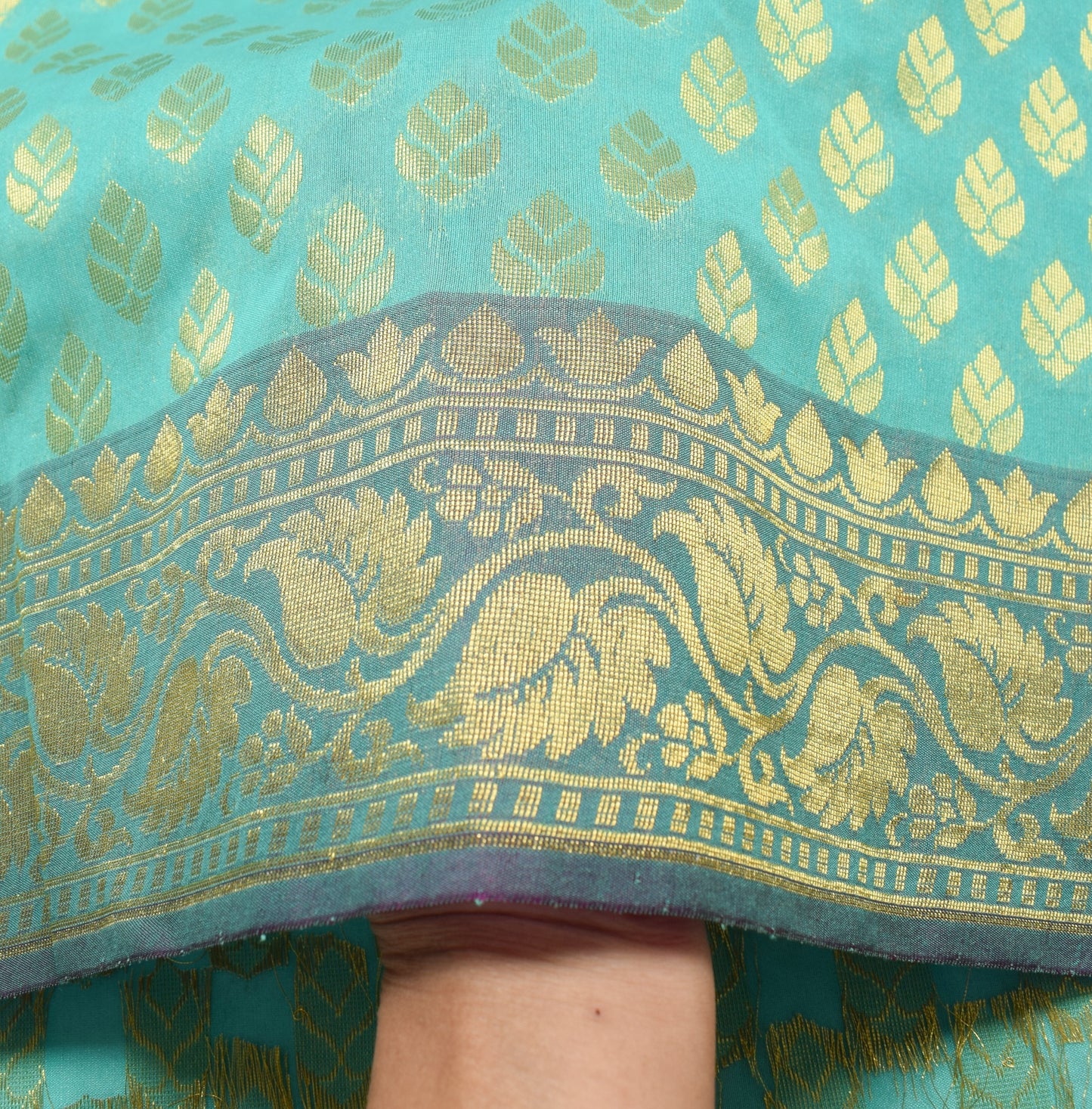 Indian Aqua Green Banarasi Sari Art Cotton Saree Blouse Fabric Gold Zari Woven