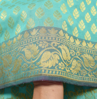 Indian Aqua Green Banarasi Sari Art Cotton Saree Blouse Fabric Gold Zari Woven