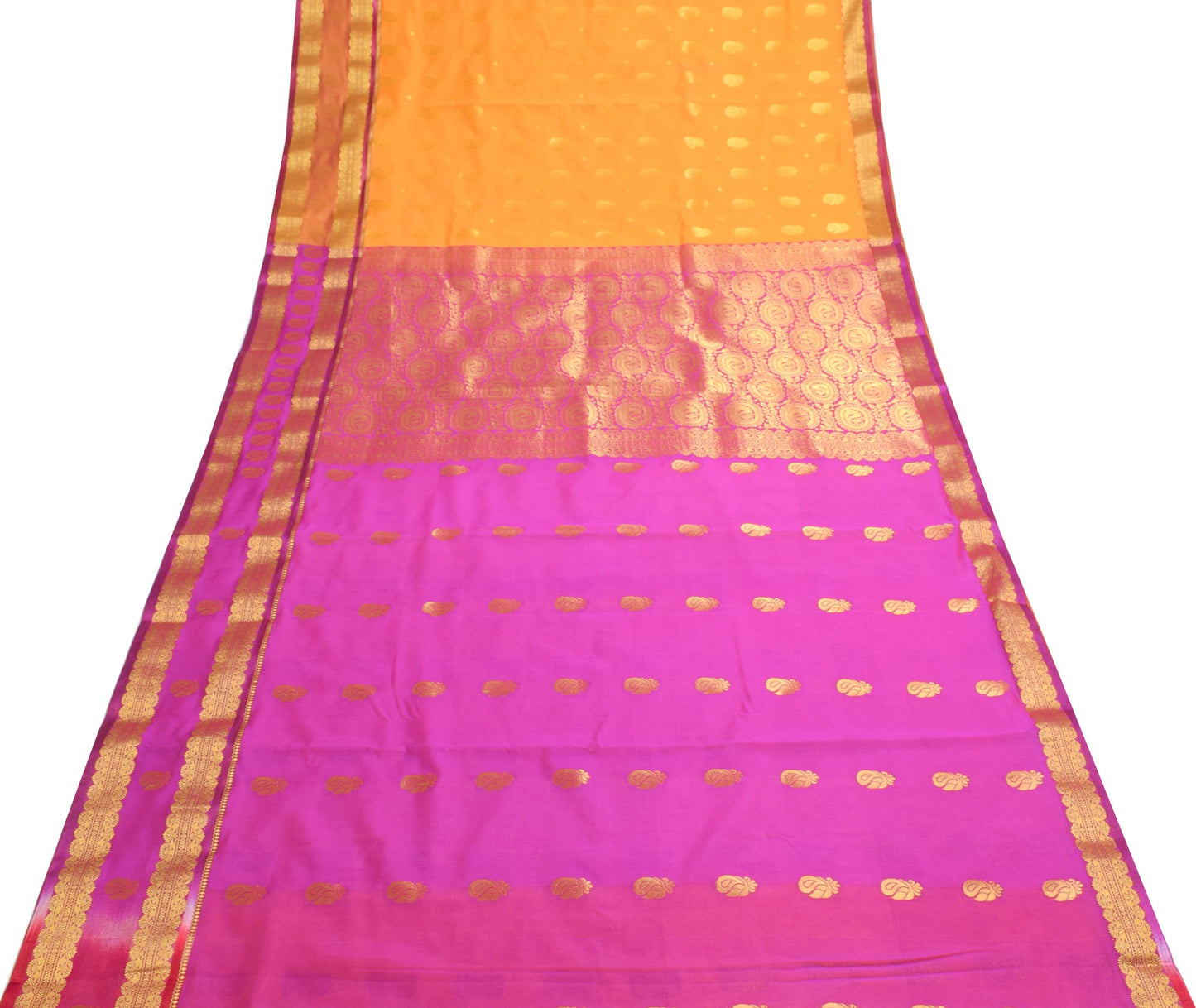 Indian Yellow Purple Sari Banarasi Art Cotton Saree with Blouse Gold Zari Woven