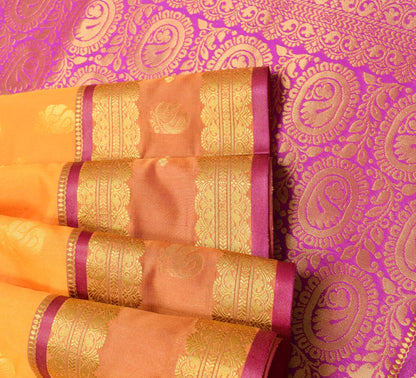 Indian Yellow Purple Sari Banarasi Art Cotton Saree with Blouse Gold Zari Woven