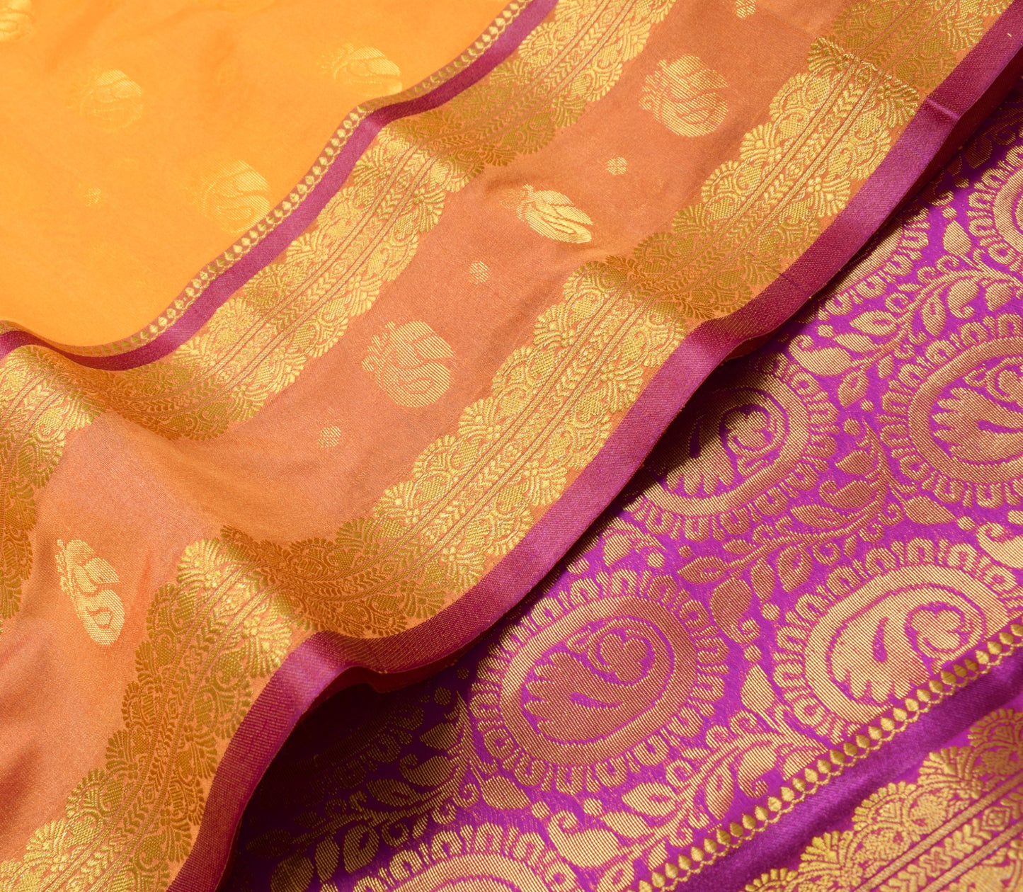 Indian Yellow Purple Sari Banarasi Art Cotton Saree with Blouse Gold Zari Woven