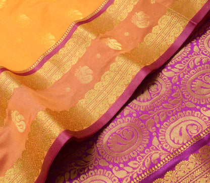Indian Yellow Purple Sari Banarasi Art Cotton Saree with Blouse Gold Zari Woven