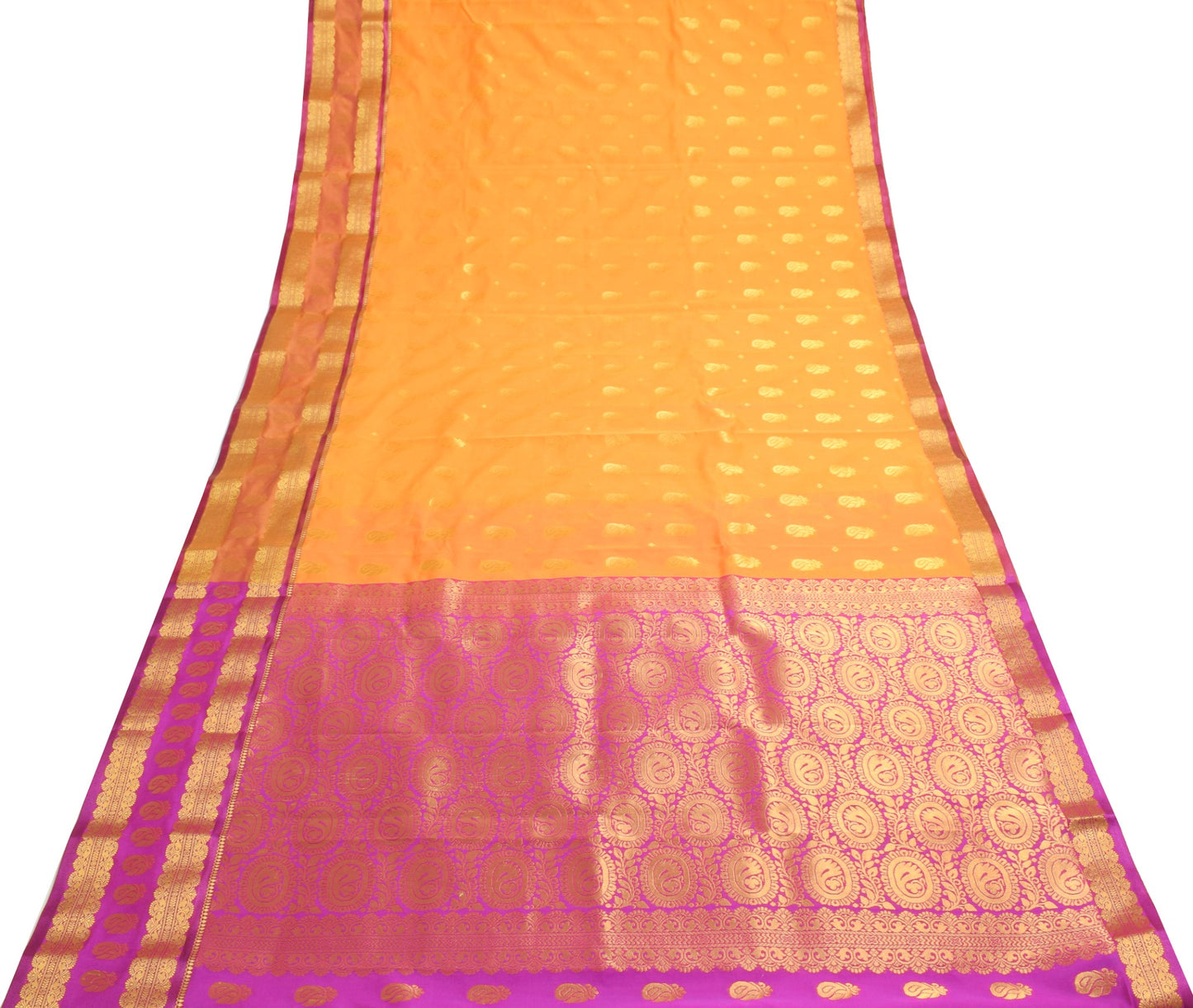 Indian Yellow Purple Sari Banarasi Art Cotton Saree with Blouse Gold Zari Woven