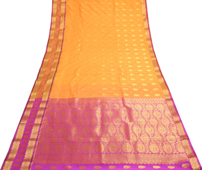 Indian Yellow Purple Sari Banarasi Art Cotton Saree with Blouse Gold Zari Woven