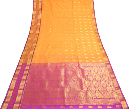 Indian Yellow Purple Sari Banarasi Art Cotton Saree with Blouse Gold Zari Woven