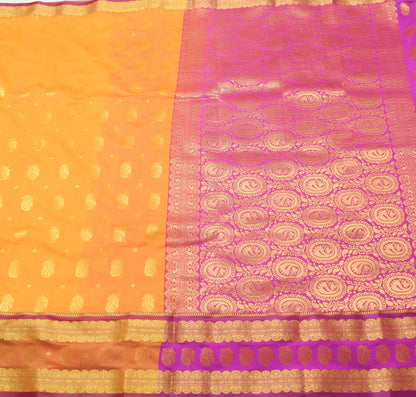 Indian Yellow Purple Sari Banarasi Art Cotton Saree with Blouse Gold Zari Woven