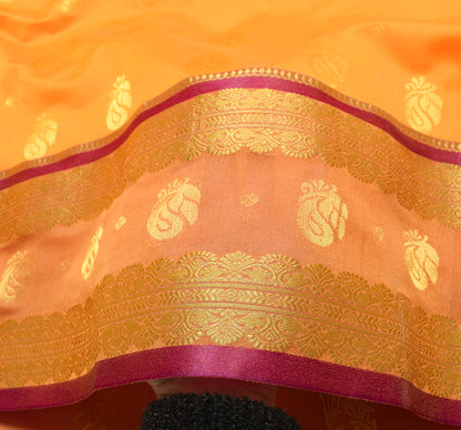 Indian Yellow Purple Sari Banarasi Art Cotton Saree with Blouse Gold Zari Woven