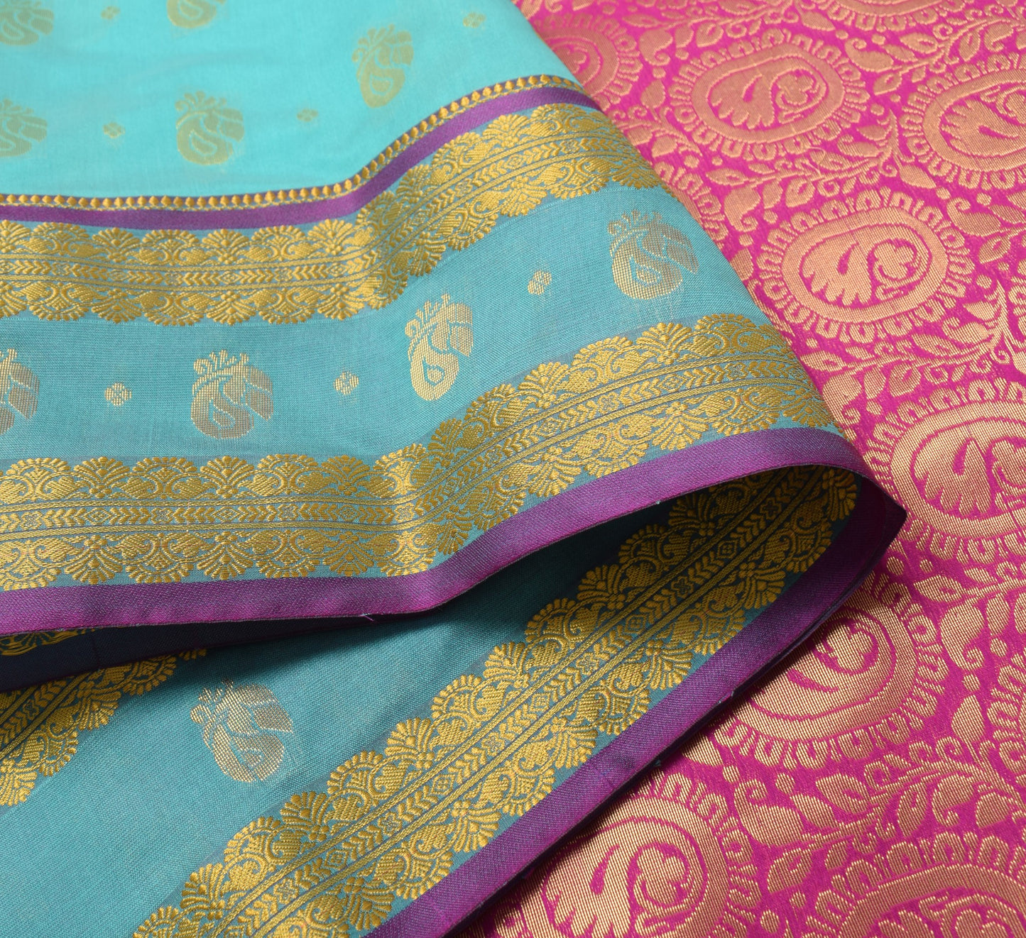 Indian Aqua Green Banarasi Sari Art Cotton Saree Blouse Fabric Gold Zari Woven