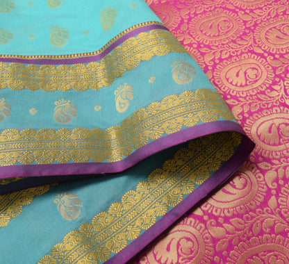 Indian Aqua Green Banarasi Sari Art Cotton Saree Blouse Fabric Gold Zari Woven