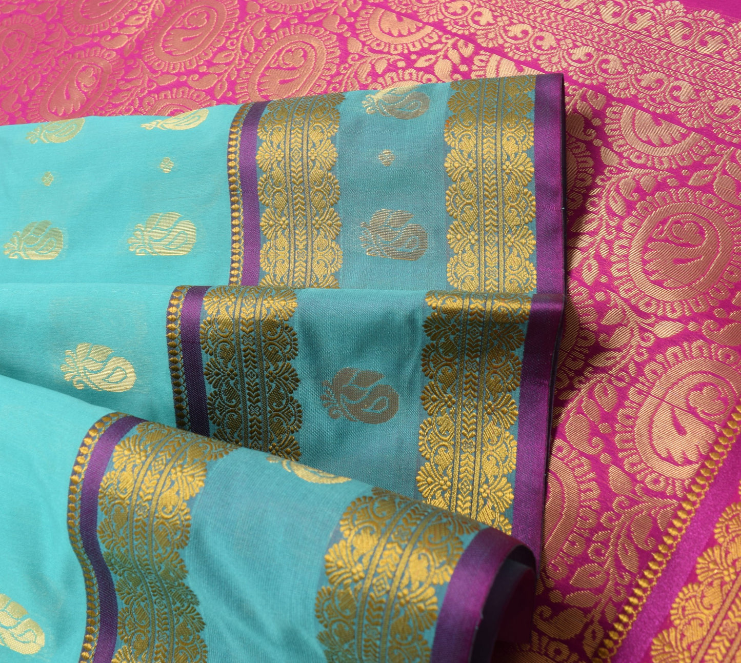 Indian Aqua Green Banarasi Sari Art Cotton Saree Blouse Fabric Gold Zari Woven