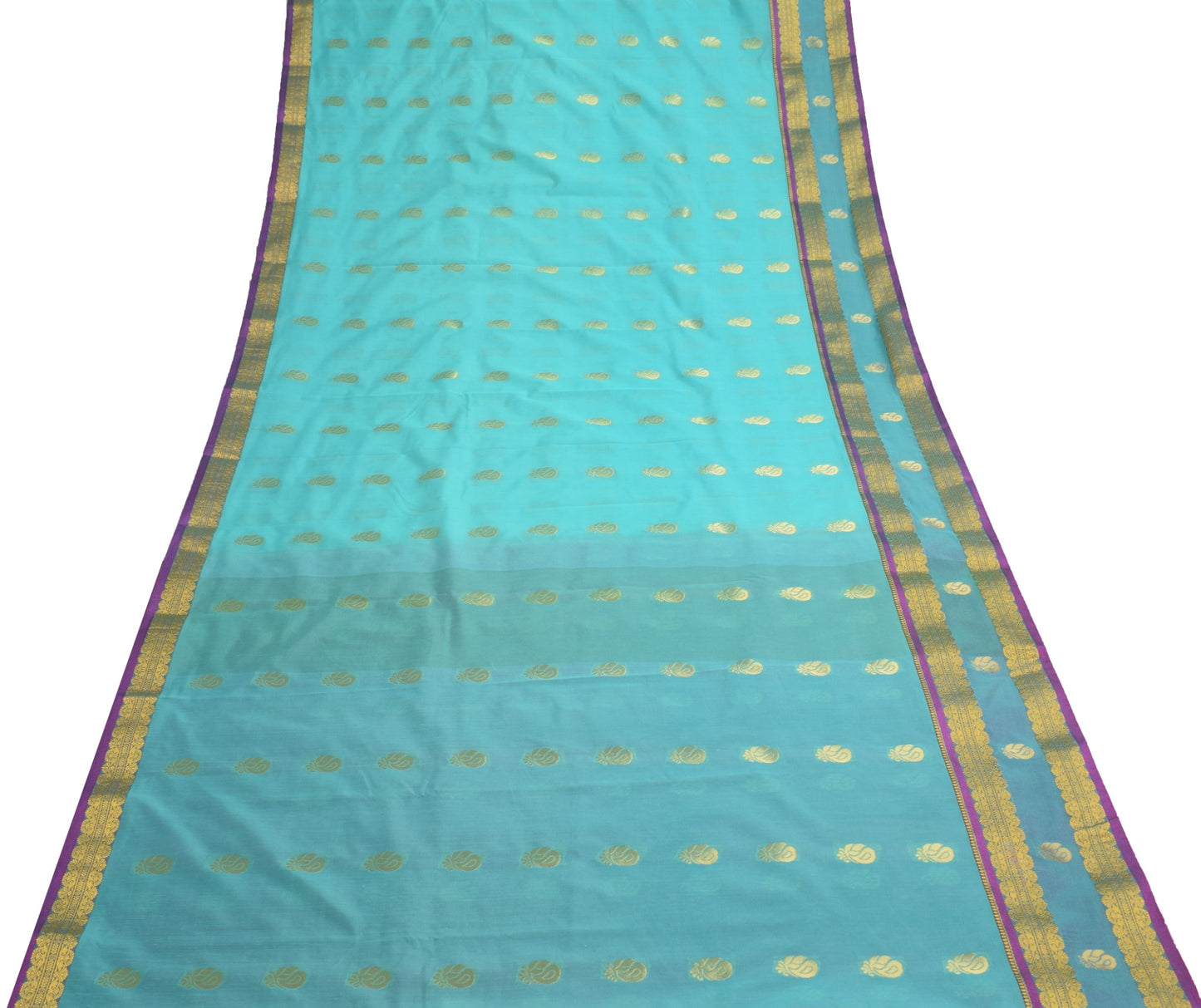 Indian Aqua Green Banarasi Sari Art Cotton Saree Blouse Fabric Gold Zari Woven