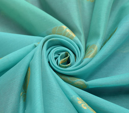 Indian Aqua Green Banarasi Sari Art Cotton Saree Blouse Fabric Gold Zari Woven