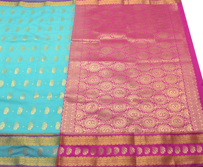 Indian Aqua Green Banarasi Sari Art Cotton Saree Blouse Fabric Gold Zari Woven