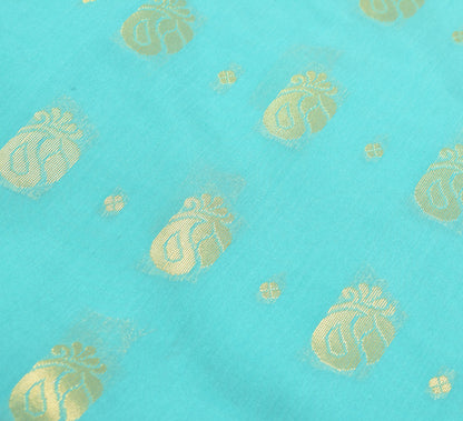 Indian Aqua Green Banarasi Sari Art Cotton Saree Blouse Fabric Gold Zari Woven