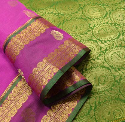 Indian Purple Sari Banarasi Art Cotton Saree with Green Blouse Gold Zari Weaving