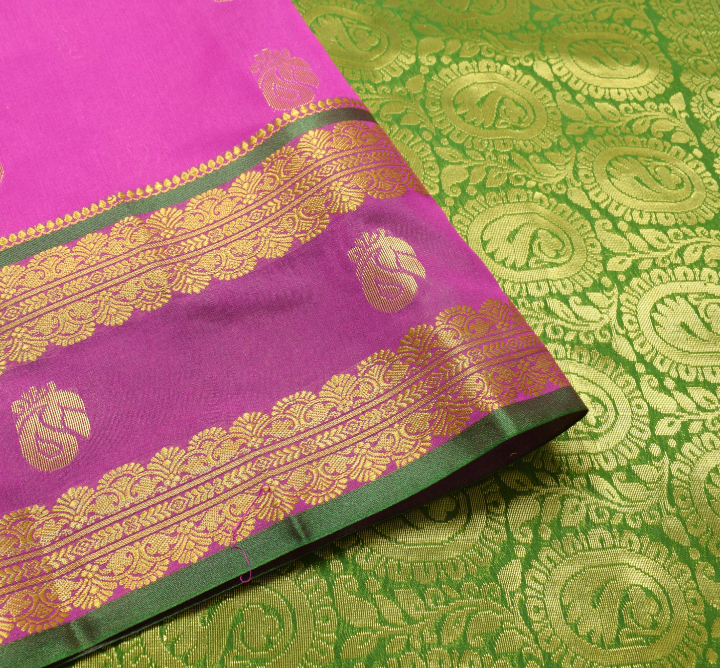 Indian Purple Sari Banarasi Art Cotton Saree with Green Blouse Gold Zari Weaving