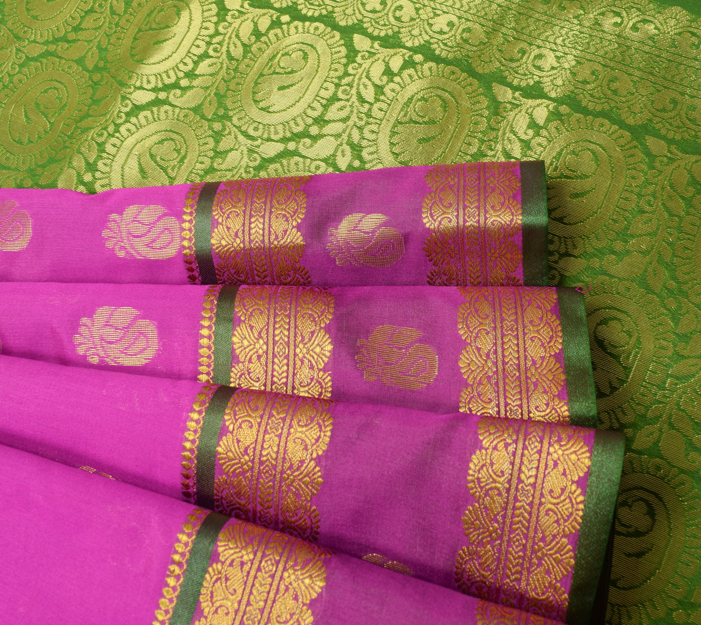 Indian Purple Sari Banarasi Art Cotton Saree with Green Blouse Gold Zari Weaving