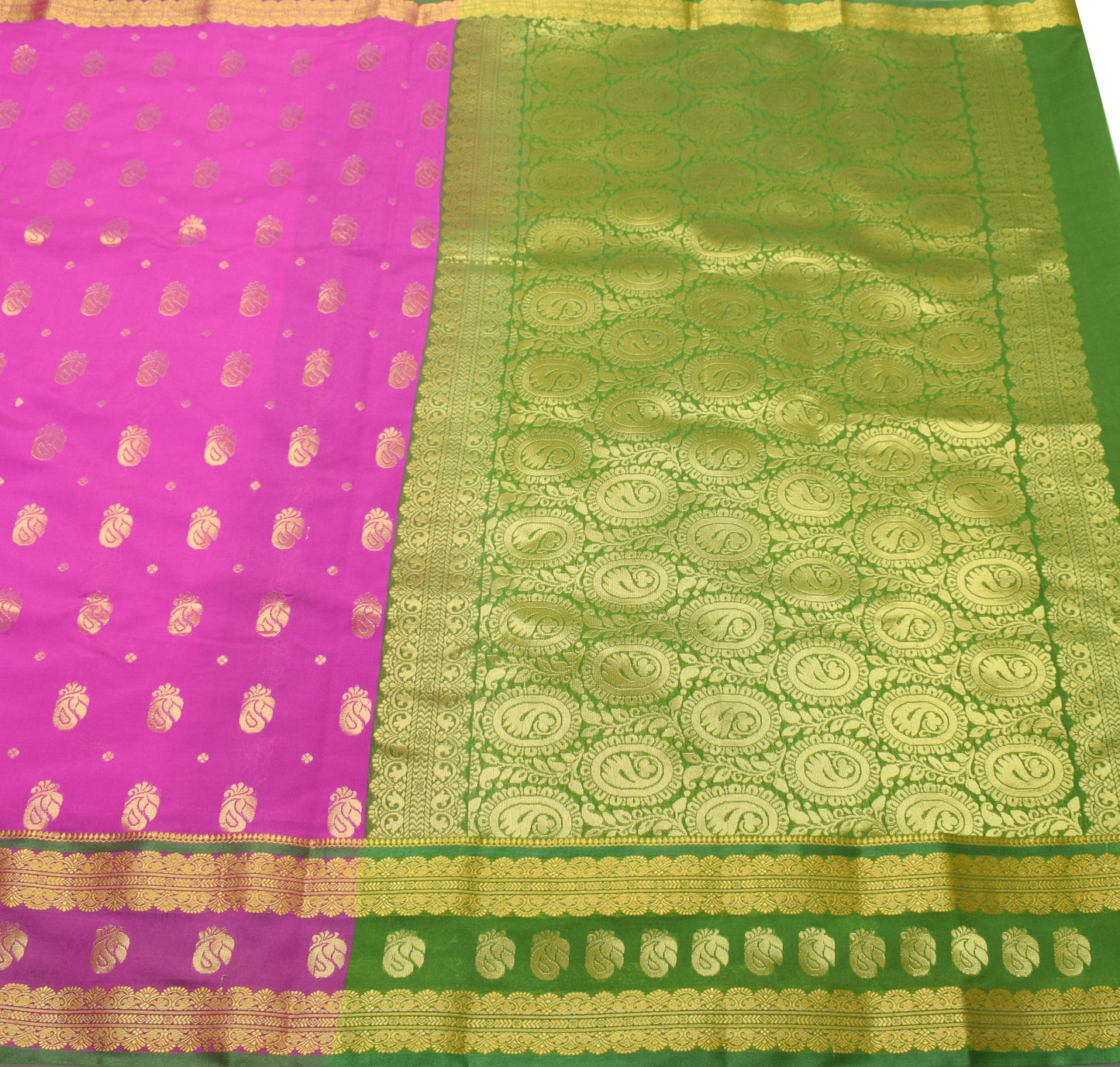 Indian Purple Sari Banarasi Art Cotton Saree with Green Blouse Gold Zari Weaving