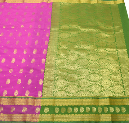 Indian Purple Sari Banarasi Art Cotton Saree with Green Blouse Gold Zari Weaving