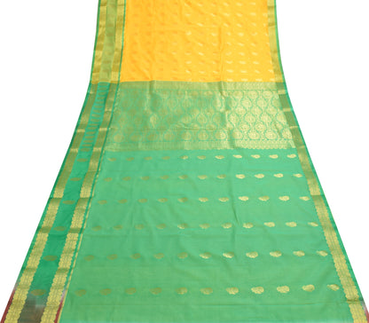 Indian Yellow Banarasi Sari Art Cotton Saree with Blouse Fabric Gold Zari Woven