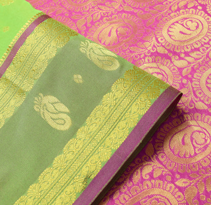 Indian Green Purple Sari Banarasi Art Cotton Saree with Blouse Gold Zari Woven